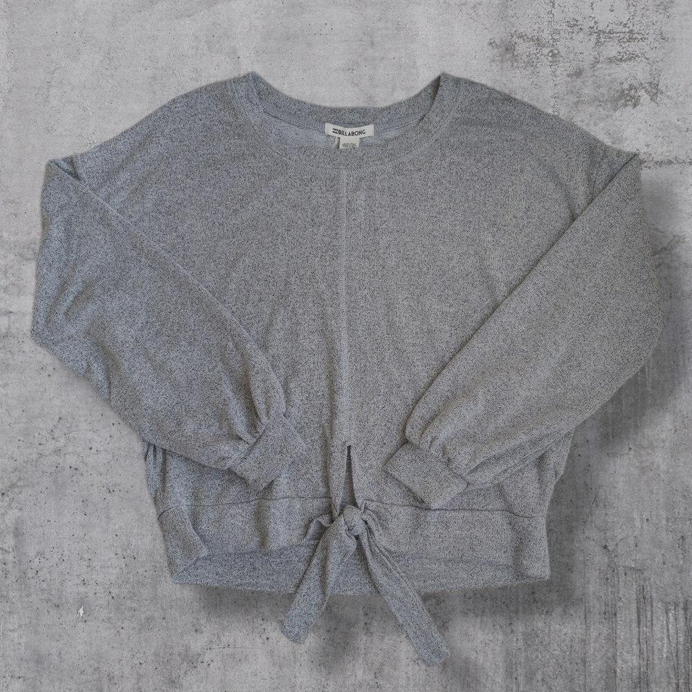 Billabong Heather Gray Knit Pullover Sweatshirt Tie Front, Bishop Sleeves sz M